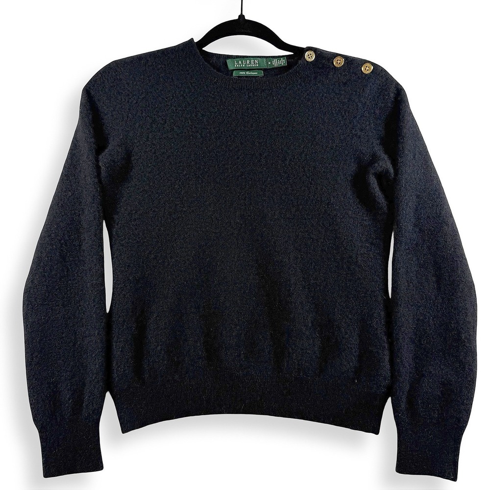 Lauren Ralph Lauren Black 100% Cashmere Button Shoulder Crewneck Sweater Medium